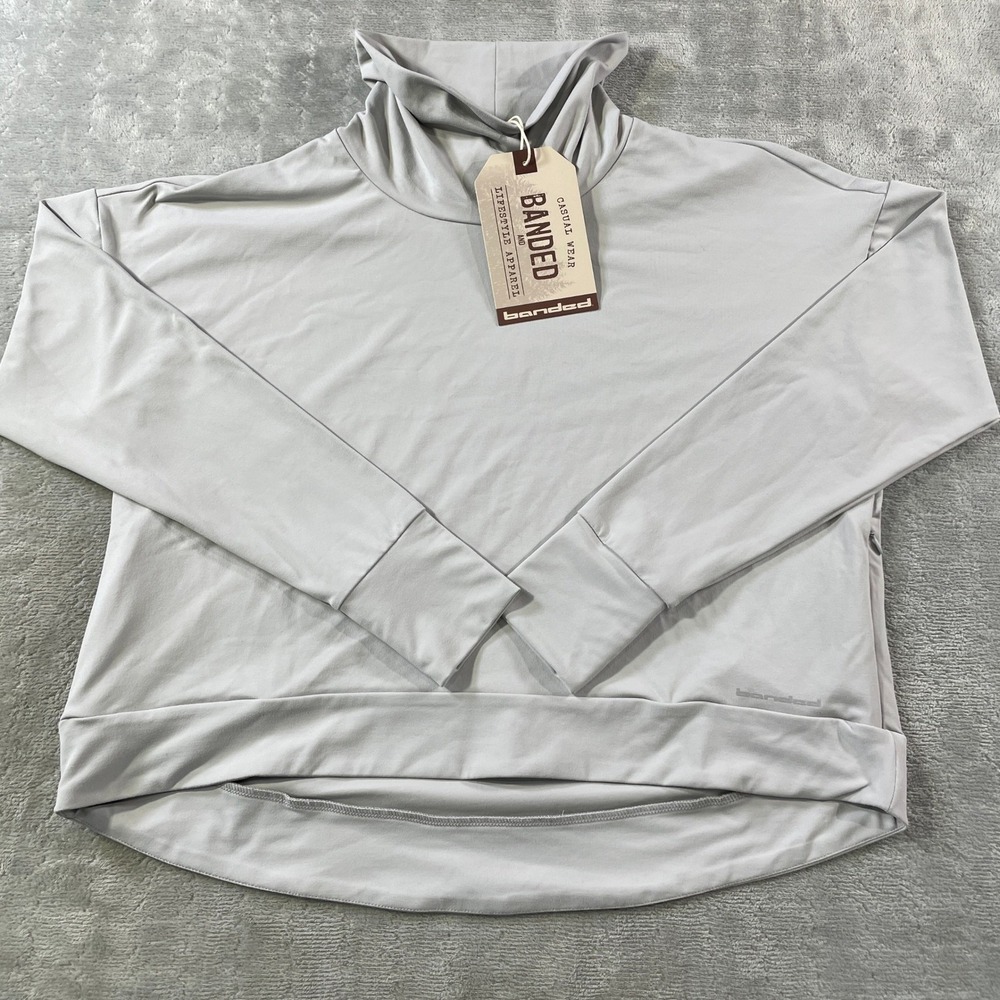 Banded Pullover Top Womens Medium Grey Cowl Neck Long Sleeve Stretch Casual